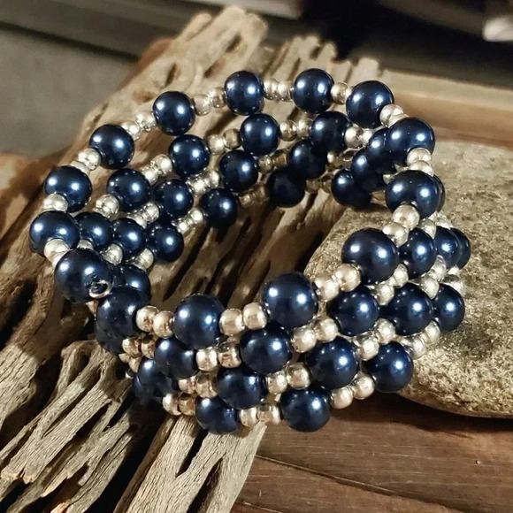 Handcrafted Dark Blue Glass Pearl Silver Beads Wrap Bracelet - Picture 2 of 5